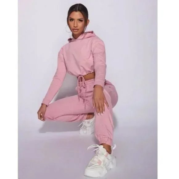 Pink Long Sleeve Hooded Crop Top and High Waist Joggers Pants Two Piece Set - Picture 14 of 17